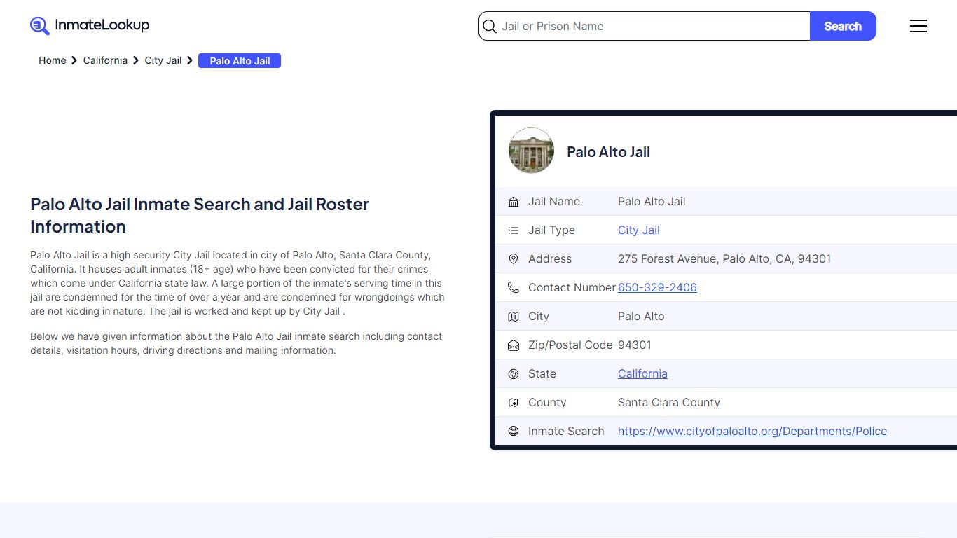 Palo Alto Jail Inmate Search - Palo Alto California - Inmate Lookup