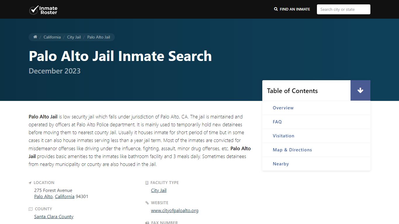 Inmate Search | Palo Alto Jail - Palo Alto, CA